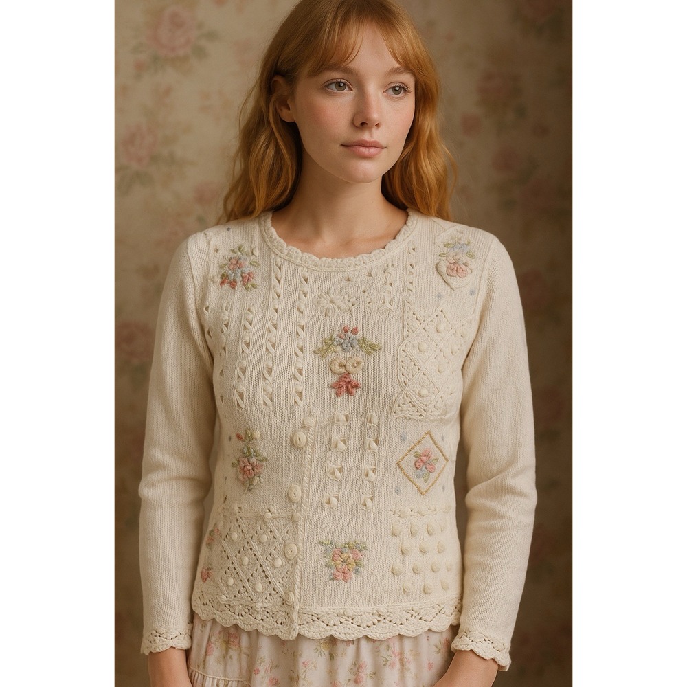Vintage Cream Embroidered Floral Knit Sweater Cottagecore Romantic Soft Girl S